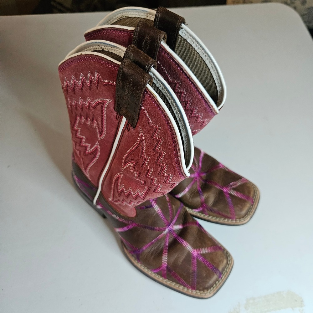 Ariat Youth Western Boots Brown Pink Purple Square Toe 10021594 Size 1